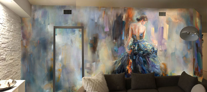Custom wall design for Florida house - hand embellished giclees glued on a drywall